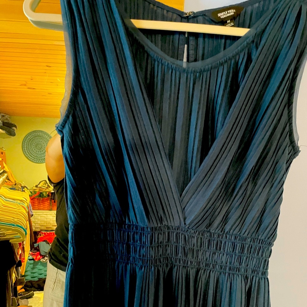 Teal sleeveless pleated work dress midi length